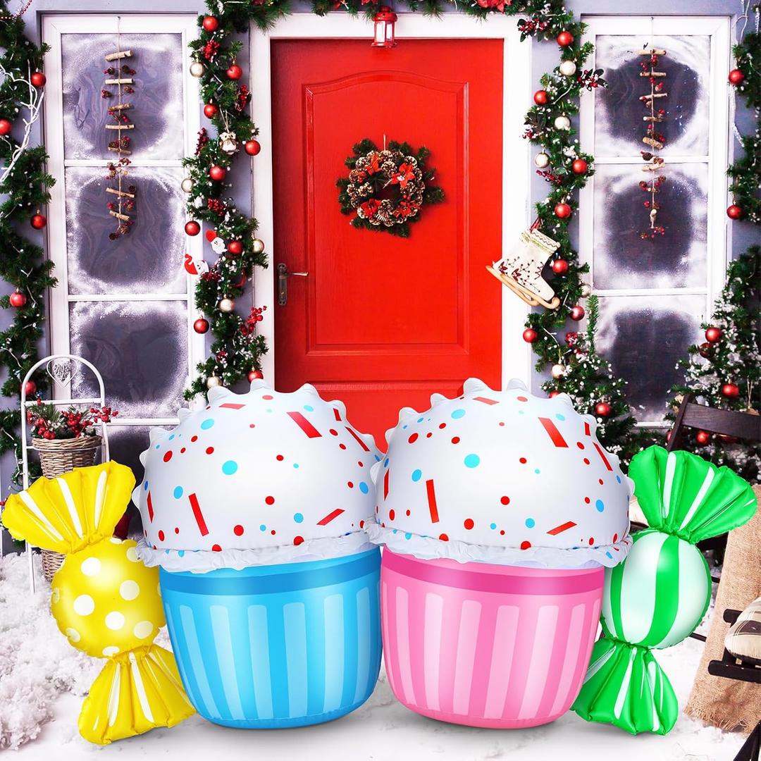 Leyndo 4 Pcs 24 Inch Pastel Christmas Inflatable Candy Outdoor Decorations PVC Blow up Cake and Candy Decor for Party Decor Xmas Holiday Indoor Outdoor Yard Garden Lawn, Macaron Color