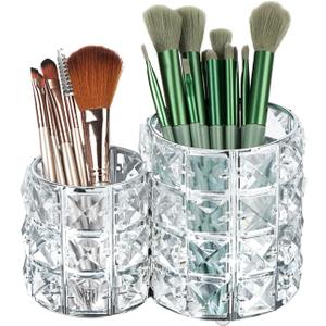 LUEXBOX Crystal Makeup Brush Holder Organizer, Cosmetic Makeup Brush Storage Container Cup for Table, Dresser, Bathroom, Bedroom, Organization, One-Piece Circular Brush Organizer (Silver)
