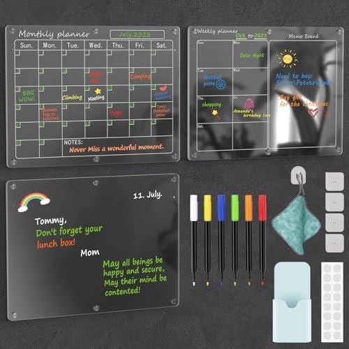 Magnetic Acrylic Calendar for Fridge,3 Pack 12"x16" Clear Fridge Calendar Dry Erase Magnetic Planning Boards Set Includes 6 Colorful Highlight Markers,Magnetic Pen Holder and Erase Towel