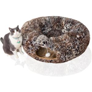 LUCKITTY Warm Fluffy Plush Cat Tunnel Bed with Washable Cushion- Big Tube Playground Toys 3 FT Diameter Collapsible, for Indoor Cat Kitty Kitten Puppy Rabbit Ferret Leopard Print