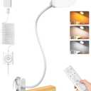 Glocusent Brighter Clip on Lamp with Remote, Eye-Caring Clip on Light for Bed Headboard, 3 Color & 5 Brightness Bed Lamp, 30-Min Auto-Off Timer, Reading Light with Adapter (White)