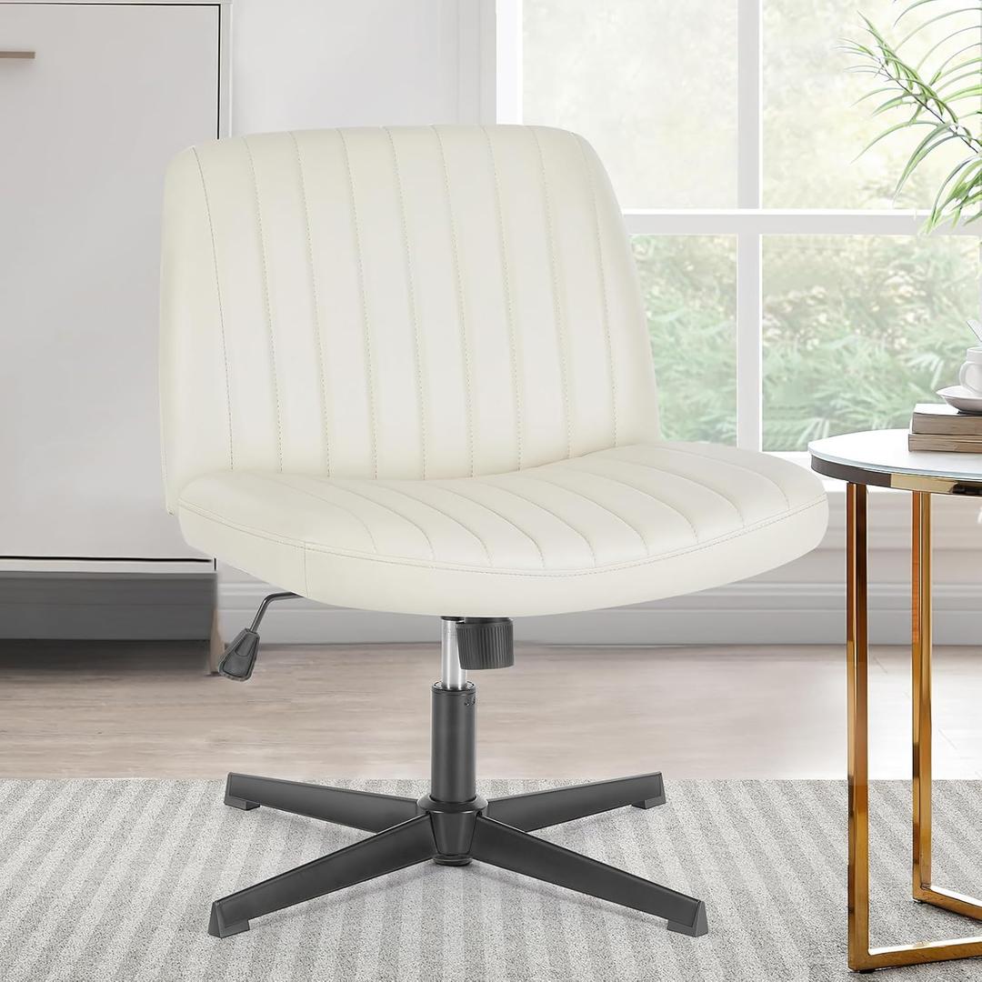 Sweetcrispy Criss Cross Office Chair, Vanity Chair No Wheels, Faux Leather | Armless Wide Seat Swivel Desk, Height Adjustable Task Computer, Home Bedroom, Beige PU