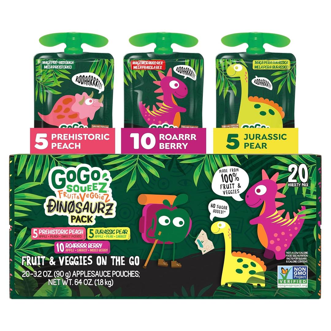 GoGo squeeZ No Sugar Added Fruit & veggieZ Applesauce and Puree Variety Pack, Jurassic Pear, Roarrrr Berry & Prehistoric Peach, 3.2 oz Pouches (Pack of 20), Fruit Snacks for Kids, Gluten Free, Nut Free, Recloseable Cap, BPA Free (EXP 01/02/27)
