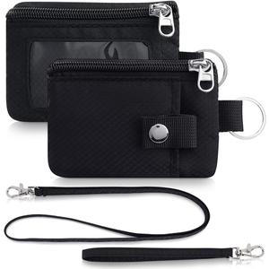 Minimalist Wallet For Mens Womens, Keychain RFID Blocking Zipper Small Wallet with ID Window 2 Lanyards,Water Resistant Travel Cash Card Coin Case Boys Girls (Black)