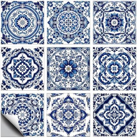 CONCHLERY 36 Pcs 9 Style Portuguese Style Wall Tile Stickers Peel and Stick Tile Stickers Waterproof Self Adhesive Mandala Pattern Stick on Tiles Decals for Kitchen Bathroom Wall Art Decor, 4×4 inch