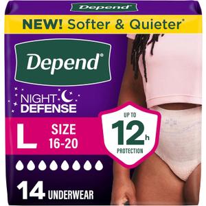 Depend Night Defense Adult Diapers, Incontinence & Postpartum Bladder Leak Underwear for Women, Disposable, Overnight, Large, Blush, 14 Count