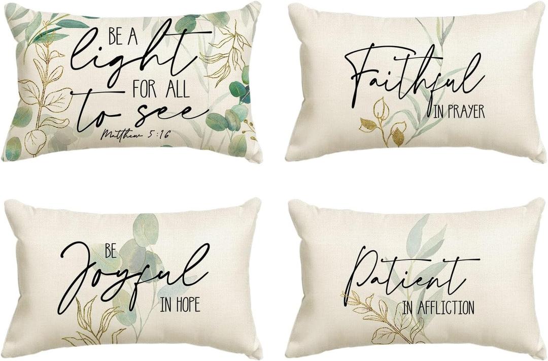 AVOIN colorlife Eucalyptus Leaves Throw Pillow Covers, 12 x 20 Inch Green Leaves Be A Light for All to See Spring Cushion Case Decoration for Sofa Couch Set of 4 (White)