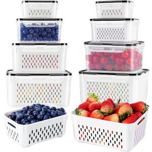 4 PCS Fruit Storage Containers for Fridge with Removable Colander, Airtight Food Storage Container, Dishwasher Safe Produce Saver Container for Refrigerator, Keep Berry Fruit Vegetable Fresh Longer