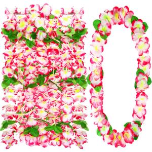 Hoteam 24 Counts Pink White Hawaiian Leis Necklace Tropical Flower Lei Floral Luau Party Decorations Hawaiian Flower Luau Necklaces Hula Dance Garland Headbands for Beach Birthday Wedding Party Favor