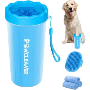 Comotech Dog Paw Cleaner with Bath Brush & Absorbent Towels - Adjustable Ring Handle for Long and Short-Haired Dogs (Large, Blue)