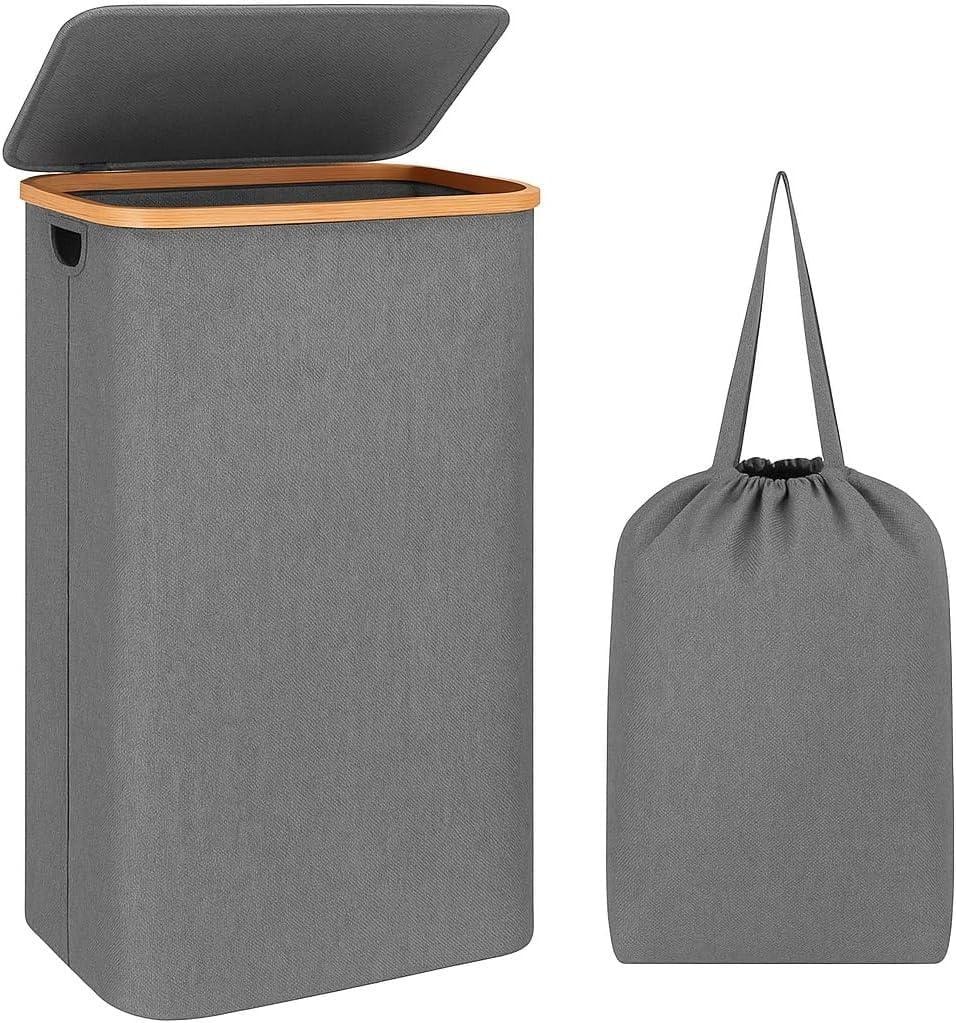 LONBET Laundry Basket with Lid, Made from Breathable Fabric | Aesthetic Clothes Hampers for Laundry with Side Handles & Sturdy Bamboo Frame (26 Gallons - Single, Gray) 
