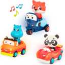 B. toys  Toy Vehicles & Animal Characters  Race Car, Motorcycle, Pick-Up Truck  Toy Cars for Toddlers, Kids  Lights & Sounds  1 Year +  3-Pack Mini Riders (missing one car)