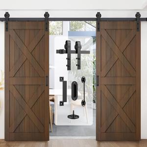 12FT Double Barn Door Hardware Kit Heavy Duty Sliding Door Track Kit with Hook and 2 Handles,Smoothly and Quietly Hardware for Interior and Exterior Fit 36" Wide Door Panel (J Shape Hanger) (Black)
