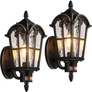 2-Pack Motion Sensor Outdoor Wall Lights, Dusk to Dawn Porch Lights Wall Mount, Exterior Light Fixtures Sconces Lighting, Black with Gold Trim Wall Lanterns Outside Lights for House Garage Front Door