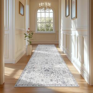 jinchan Runner Rug 3x7 Washable Hallway Rug Vintage Indoor Thin Retro Floor Cover Distressed Gray Floral Country Lightweight Non Slip Carpet for Entryway Bathroom Kitchen Bedroom Living Room Grey
