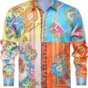 Mens Luxury Brand Print Silk Satin Design Button Down Dress Shirt (XL)