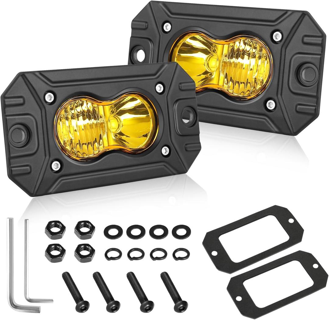 Yellow Flush Mount LED Pods, AKD Part CREE LED Flush Bumper Fog Lights 40W Spot Flood Combo Offroad Driving Lights Yellow Flush Mount LED Chase Light Pods for Trucks Pickup SUV UTV ATV