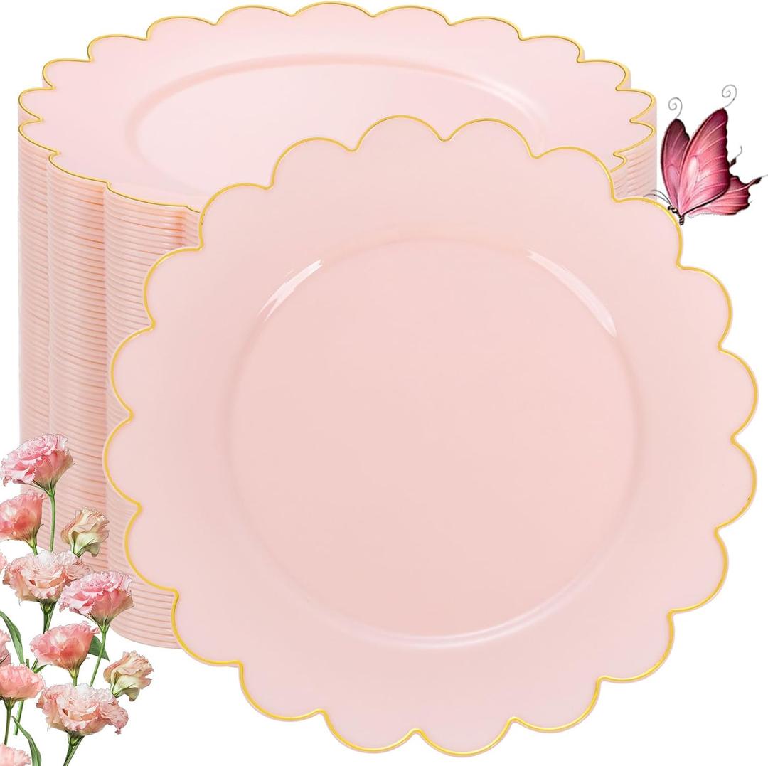 LIYH 100 Pcs Pink Plastic Plates with Gold Disposable Pink Dessert Plates 7.5" Gold Plastic Plate,Baby Shower Plate Set Suitable for Weddings Bridal Showers Afternoon Tea Mother's Day