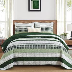 DJY Striped Quilt Set King Size, Green Boho Bedspread Set 3 Pieces Patchwork Coverlet Bedding Set Lightweight Soft Microfiber for All Season  36x20 in, blanket L98 , Green