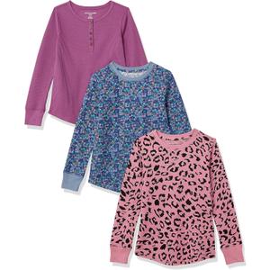 Amazon Essentials Girls and Toddlers' Long-Sleeve Cotton Thermal T-Shirt, Pack of 3 (Large, Purple/Animal), Size for 9yr