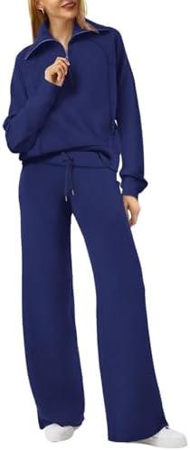XIEERDUO Lounge Sets For Women 2024 Half Zip Sweatshirt And Wide Leg Sweatpant 2 Piece Outfits Sweatsuit Tracksuit ( Color: 03-navy Blue, Large )