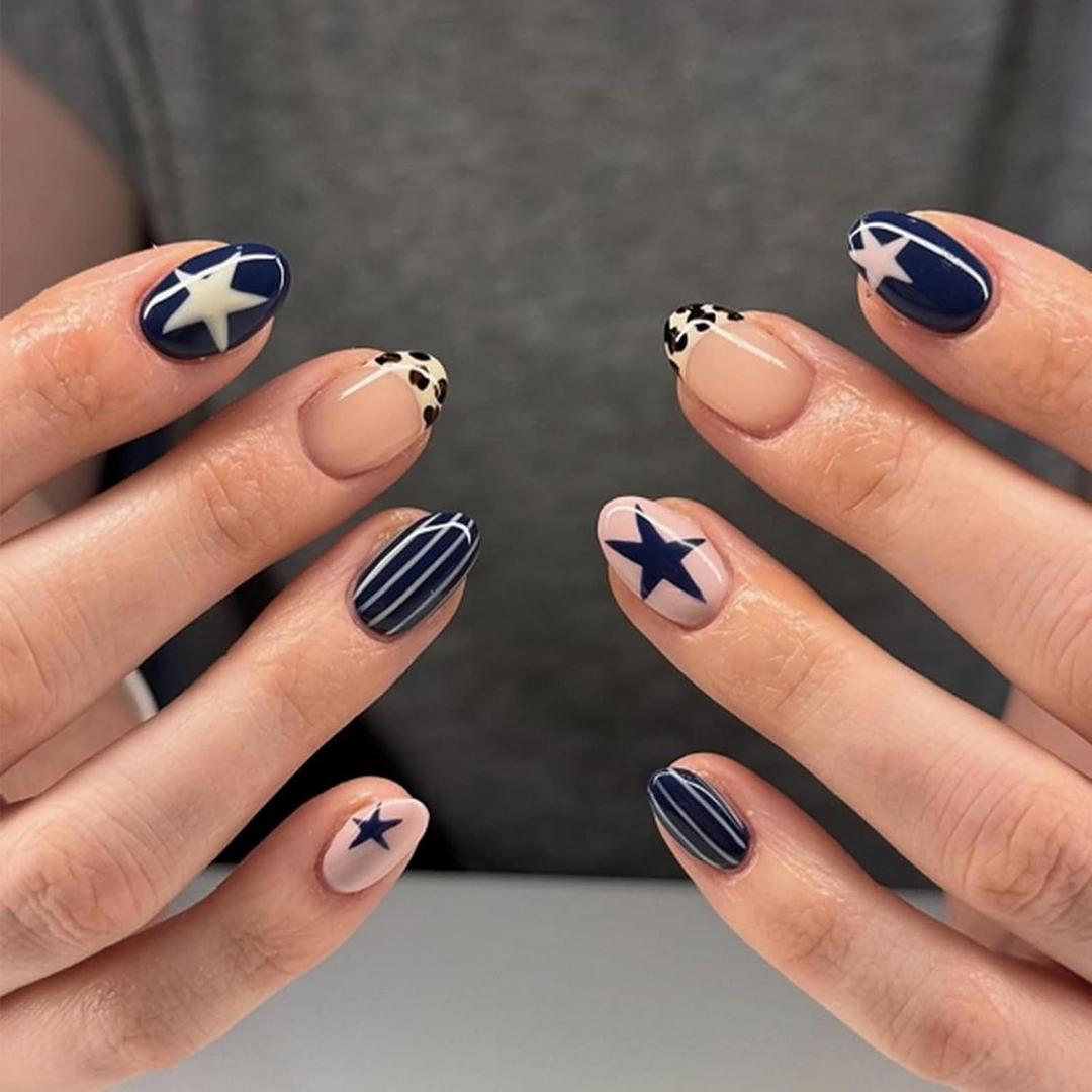 Short Nails Press on Oval French Tip Fake Nails Blue False Nails with Stars Stripes Leopard Print Designs Petite Acrylic Nail Cute Short Glossy Glue on Nail for Women Girls 24Pcs (Style1)