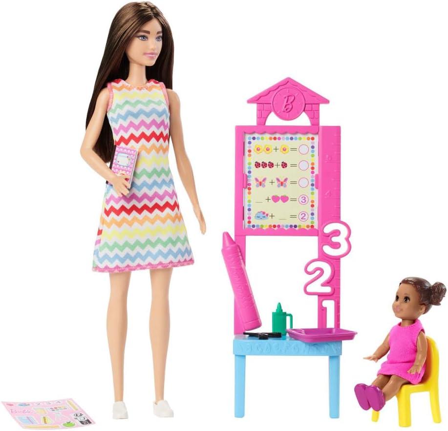 Barbie Teacher with Brunette Fashion Doll with Printed Dress, 1 Toddler Doll, & Teaching Accessories