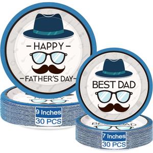 QZYL 30 Sets Fathers Day Decorations for Party Tableware Set, Round Happy Fathers Day Paper Plates, Best Dad Day Celebration Supply, Disposable 7" Dessert Plate and 9" Dinner Plate for Father Day