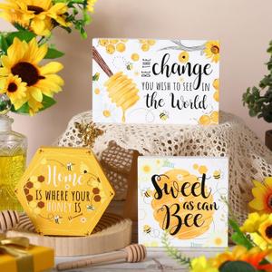 3 Pieces Tiered Tray Wood Signs Farmhouse Tray Decor Blank Wooden Table Sign Inspired Summer Fall Decor Rustic Mini Wood Kitchen Signs (Honeybee Style)