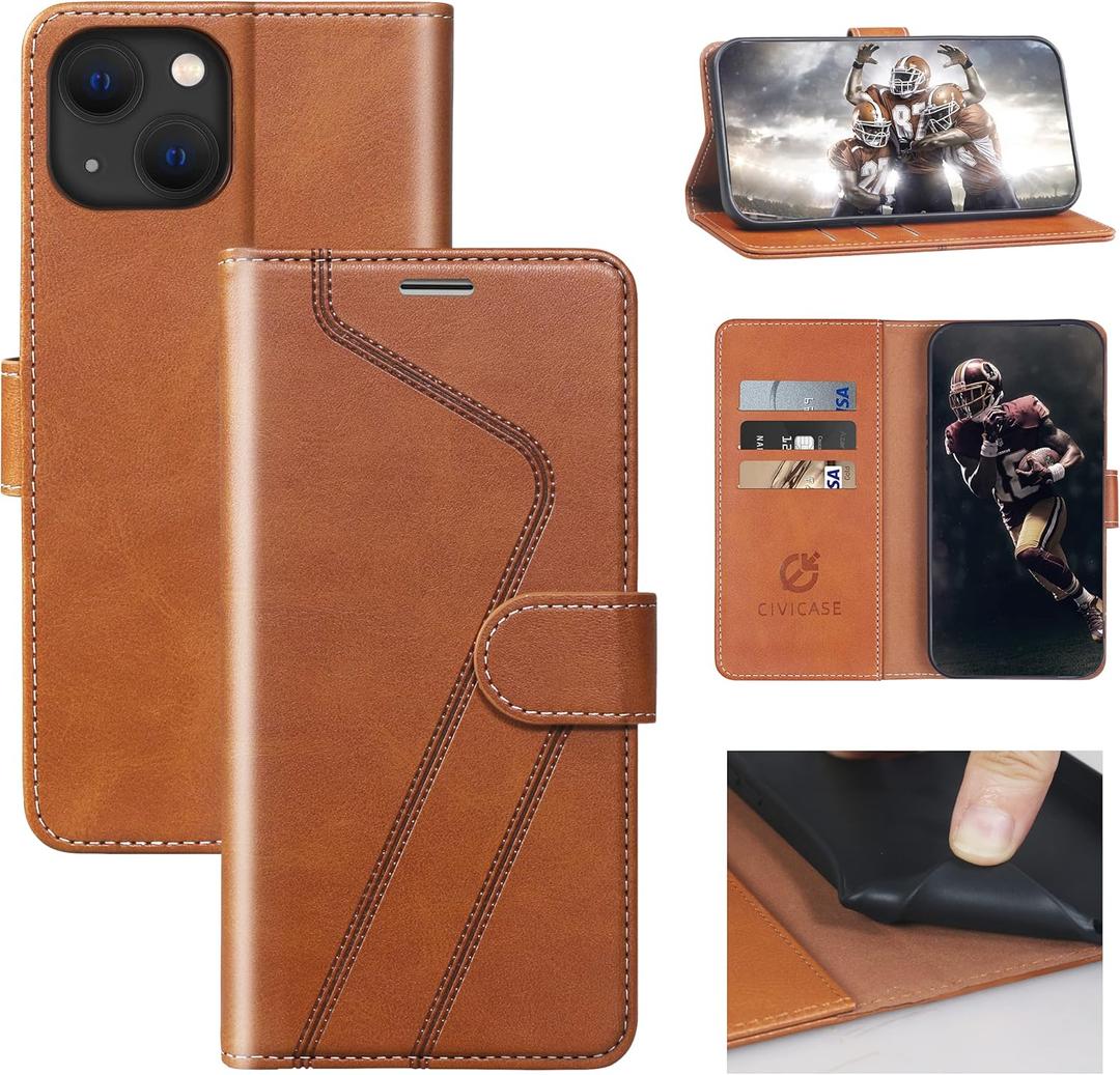 for iPhone 13 Wallet Case,Leather Flip Case [RFID Blocking] Credit Card Holder Folio Magnetic Stand TPU Shockproof Cover Color Matching for iPhone 13 (6.1") Brown