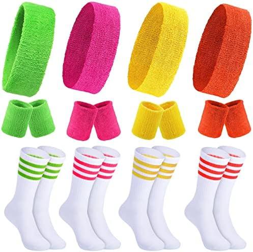 Hillban Sweatband and Stripe Sock Set Neno Wrist Sweat Band Sport Headband Wristband for Men Women 80s Party Accessories Size S