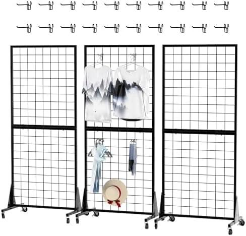 3-Pack 2' x 5.5' Grid Wall Panels Standing Wire Grid, Display Rack with T-Base Wheels Freestanding Gridwall Panel Tower for Shop, for Art Fairs Black