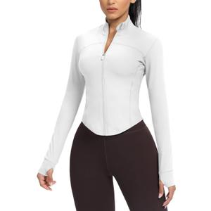 AVGO Women's Cropped Running Workout Jackets Zip Slim Fit Athletic Tops with Thumb Holes (Medium, White)