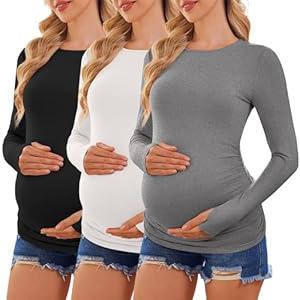 Ekouaer Maternity Shirts for Work Crew Neck Fall Clothes Long Sleeve Pregnancy Tops Side Ruched T-Shirt Black/ White/ LightGray, XL