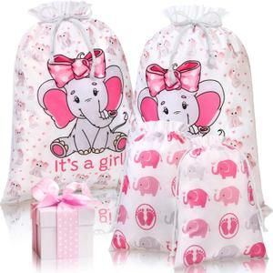Sadnyy 4 Pcs Baby Girl Shower Gift Bags Large Pink Elephants Drawstring Fabric Treat Wrap Bags for Baby Shower Child's Birthday Gender Reveal Party