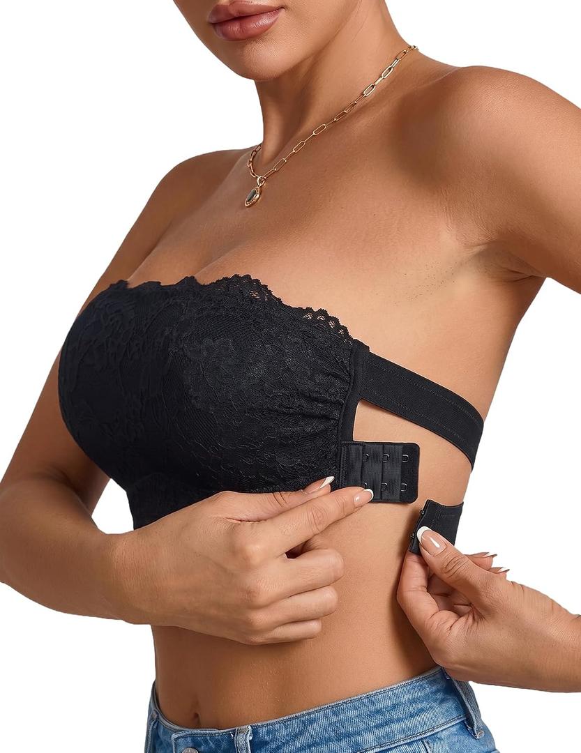 Strapless Bra Women's Lace Bra Wireless Bandeau No Slip Silicone Grip Everyday Bra Lingerie (Black, S)