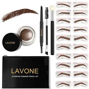 Eyebrow Stamp Stencil Kit ,Brow Stamp Trio Kit with Waterproof Eyebrow Pencil, Eyebrow Pomade, 20 Eyebrow Stencils, Dual-ended Eyebrow Brush and Sponge Applicator - Dark Brown