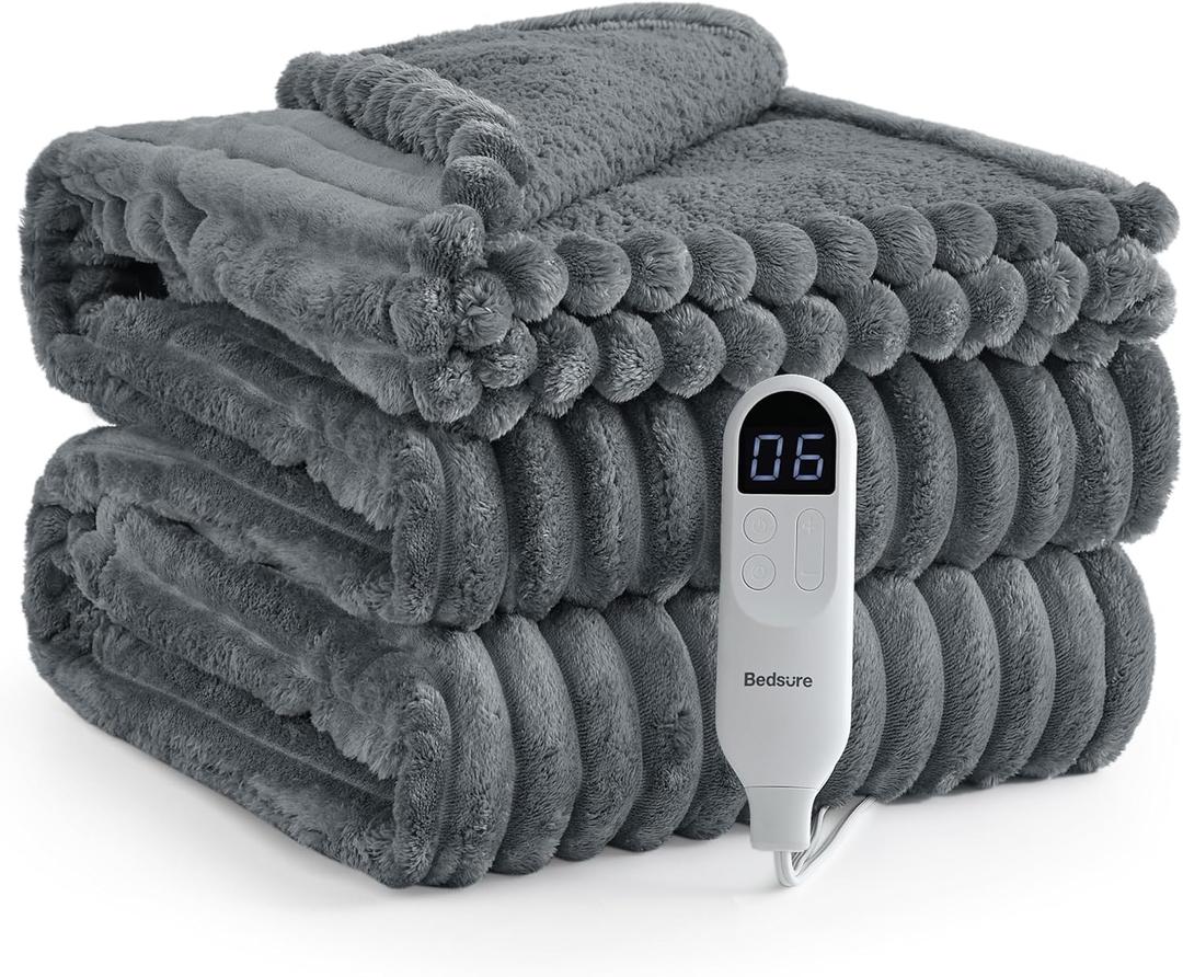 Bedsure Electric Blanket Twin - Thick Striped Flannel Electric Blanket, Heating with 10 Time Settings, 6 Heat Settings, and 8-Hour Timer Auto Shut Off, Gift for Grandma (62x84 inches, Grey)