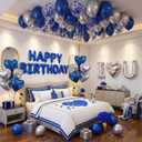 Romantic Birthday Decorations for Him I LOVE YOU & HAPPY BIRTHDAY Foil Balloons & Rose Petals,Blue Silver Special Night Decorations, Husband Anniversary Surprise,Bedroom,Men Boyfriend Hotel Decor
