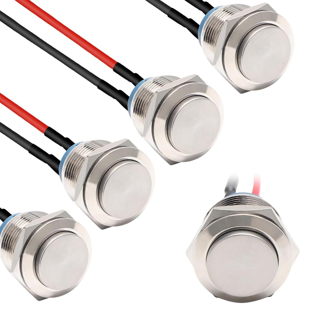 STARELO 5pcs 19mm Latching Push Button Switch Silver Shell with pre-Wiring, IP65 Waterproof Push Button Switch,Stainless Steel 1 Normally Open Without LED.