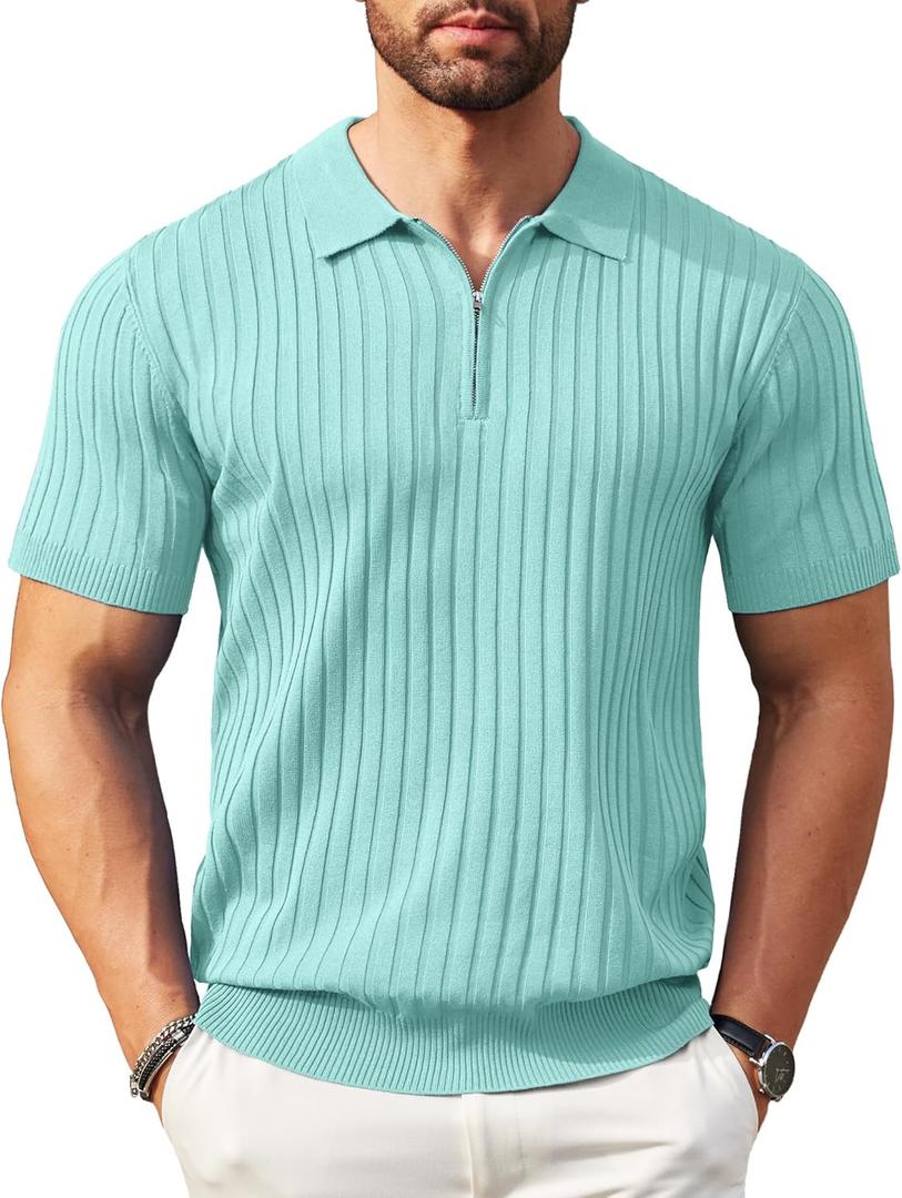 COOFANDY Men's Zipper Polo Shirts Short Sleeve Ribbed Knit Polo T Shirts Fashion Casual Golf Shirts (Large, Green)