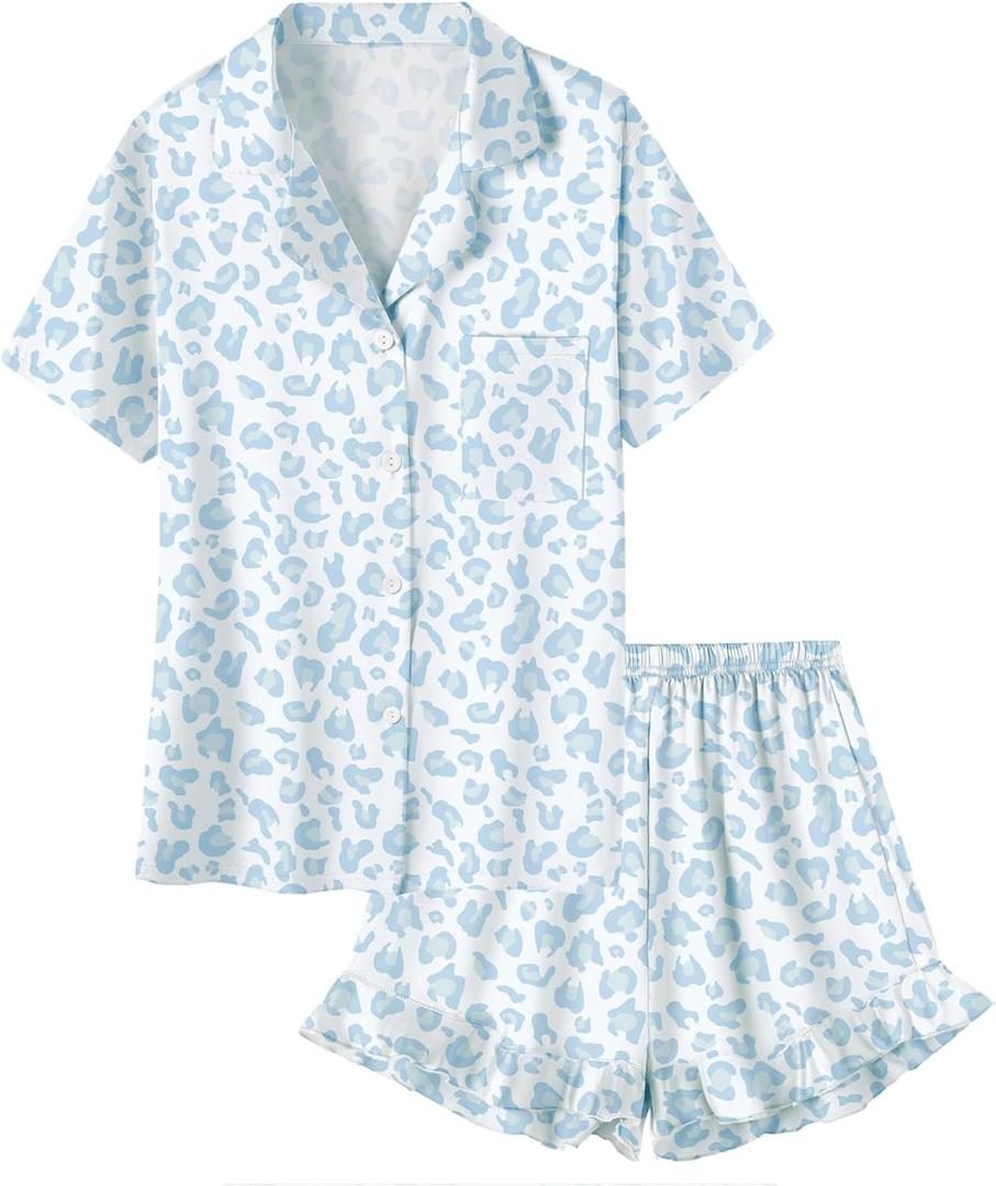 Umeyda Girls & Women Satin Pajamas Set Button Down 2 Piece Silk Pjs Shorts Set Ruffle Sleepwear, 5 Years-Women Large