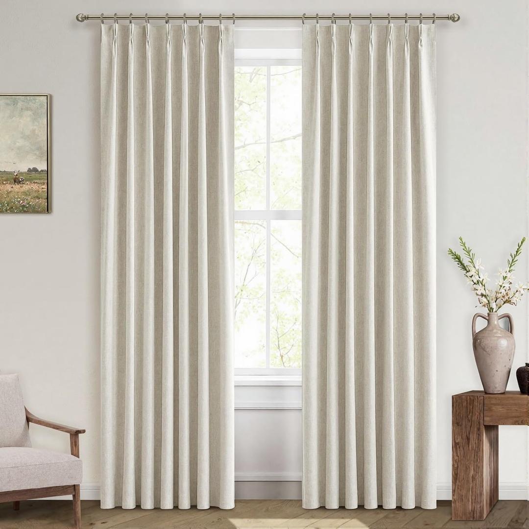 MIULEE Linen Pinch Pleated 100% Blackout Curtains for Bedroom 84 Inch Long 2 Panels Set - Back Tab Track Cream Black Out Curtain for Living Room Darkening Triple Pleat Drapes with Hooks, Natural (40"W x 84"L (Pack of 2))