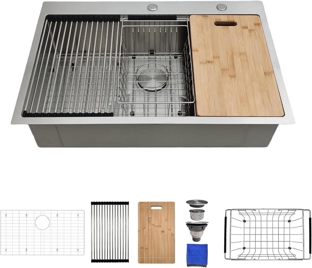 33x22 Drop In Kitchen Sink - Delironexu 16 Gauge Stainless Steel Kitchen Sink Workstation, 33 Inch Single Bowl Deep Top Mount kitchen sink with 6 Accessories Package