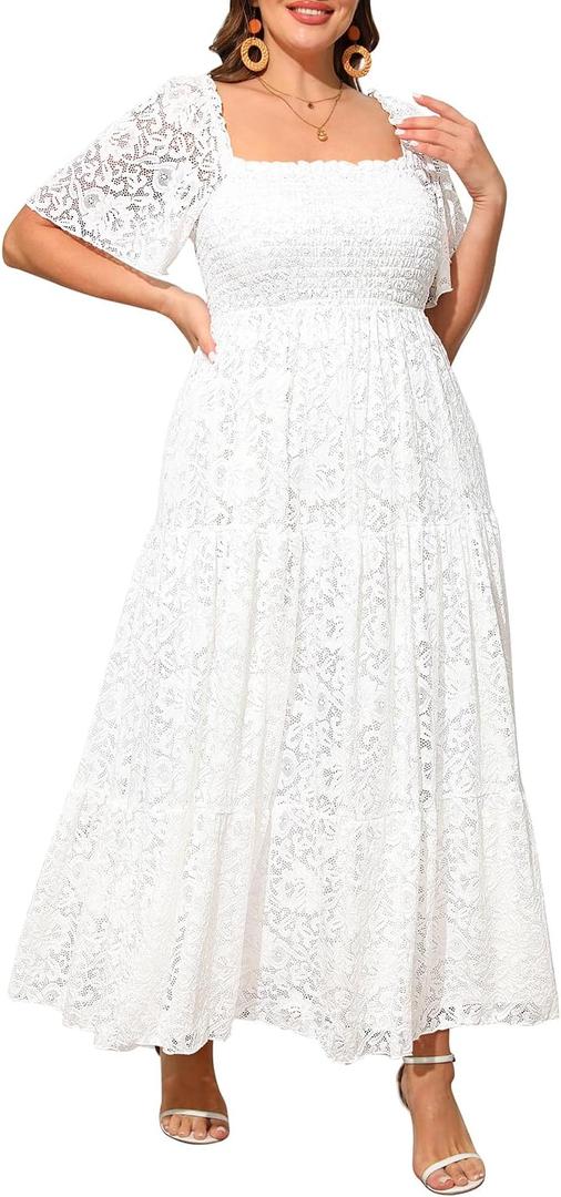 Talisea Women's Plus Size Floral Lace Wedding Boho Dress Flowy Smocked Tiered Maxi Dress 22W White