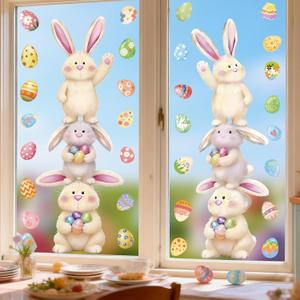 2 x Easter Window Clings, 12"x35", 2-Pack Large Bunny & Egg Static Stickers, Extra Wide Spring Decals with Bonus Colorful Egg Stickers for Glass Door Home