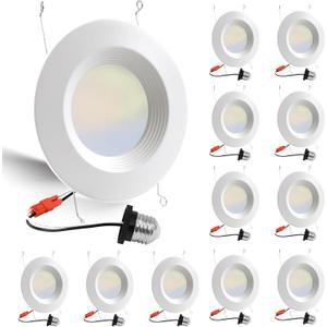 12 Pack 5/6 Inch 5CCT LED Recessed Light Retrofit, 2700K/3000K/4000K/5000K/6500K Selectable Downlight, Dimmable Can Lights with Metal Baffle Trim, CRI 90, 10.5W=85W, E26 Base, IC & Wet Rated, ETL&FCC