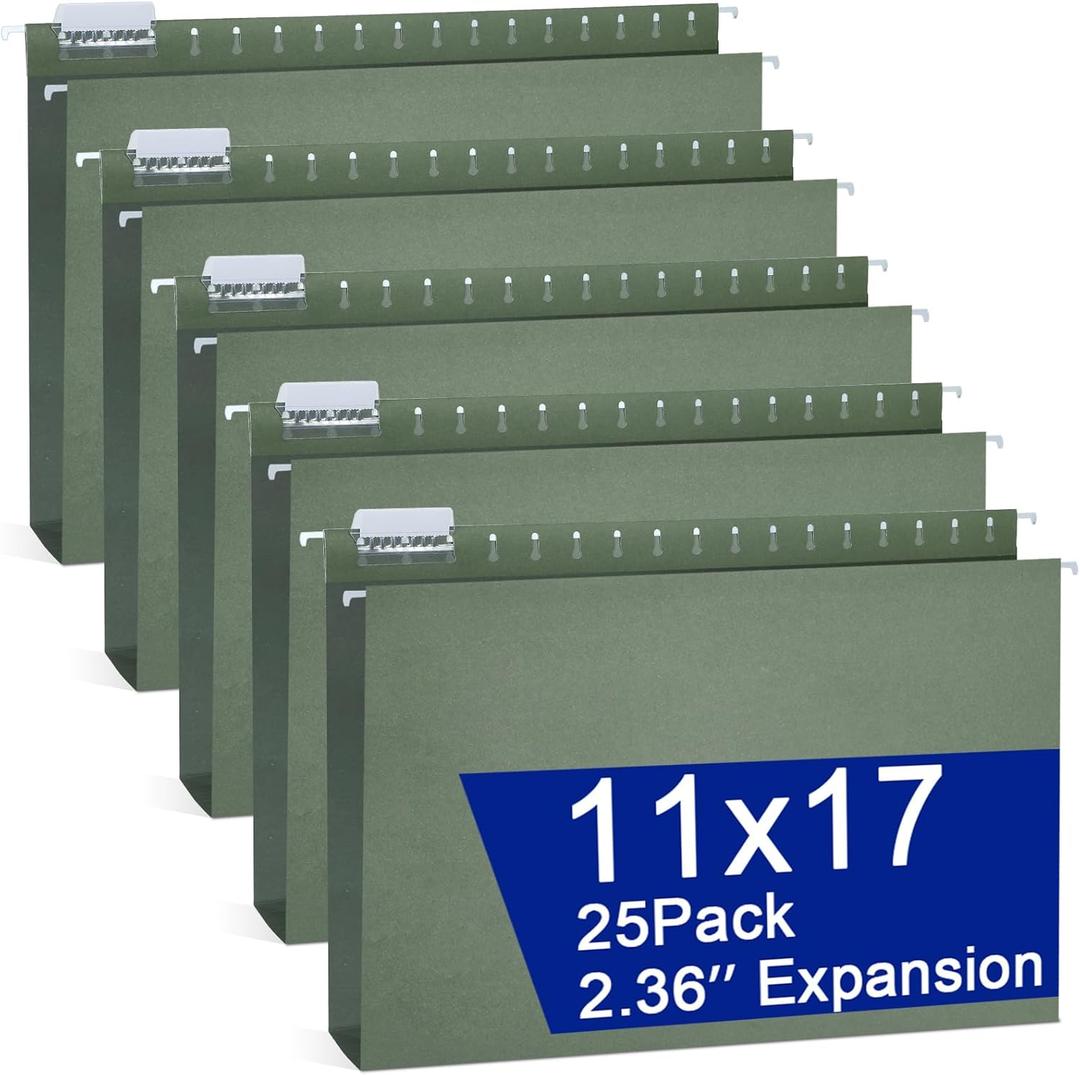 gisgfim 25 Pack Reinforced 11x17 Hanging File Folders 1/5 Cut Heavy Duty Hanging File Folders with Plastic Tabs & Label Cards Expanding Hangers File Organizer for Drawing Engineering Document (Green)
