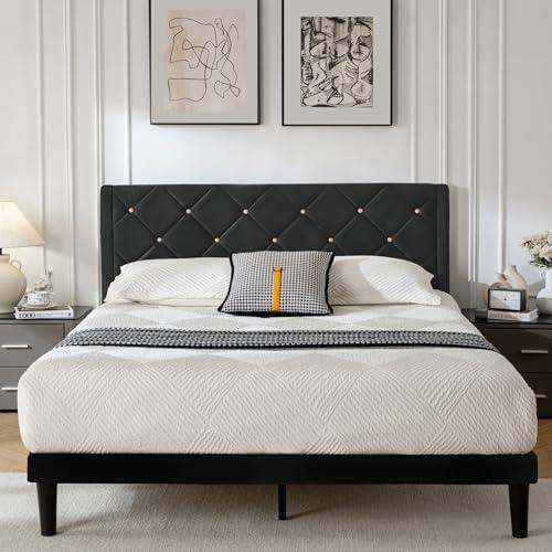 DUMGTIF Queen Size Platform Bed Frame with Velvet Upholstered Headboard and Sturdy Wooden Slats Support,Mattress Foundation，Easy Assembly, No Box Spring Needed,Slip Resistant (Black, Queen)