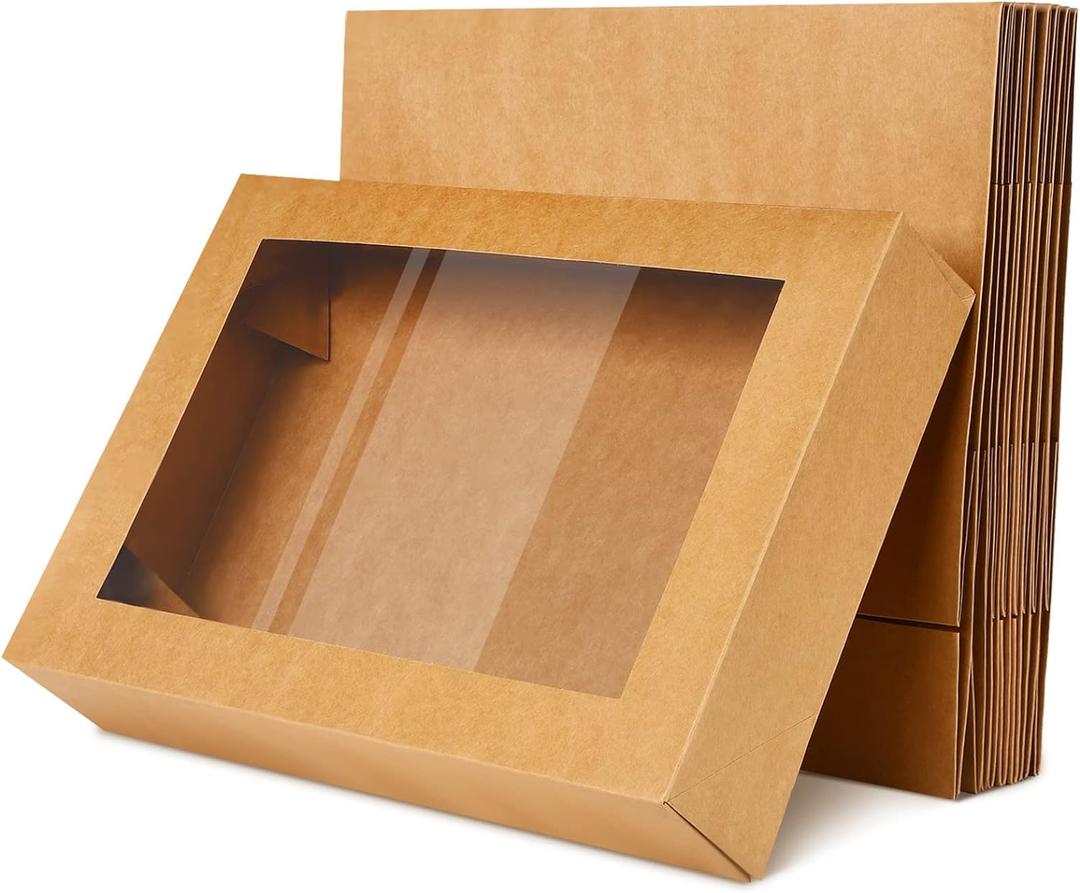 Gersoniel 19x14x4 Inch Half Sheet Cake Boxes Large Rectangle Bakery Boxes with Window Cardboard Treat Packaging Bakery Take out Containers for Pastry Baking Donuts Cupcake Pie(Brown,10 Pack)